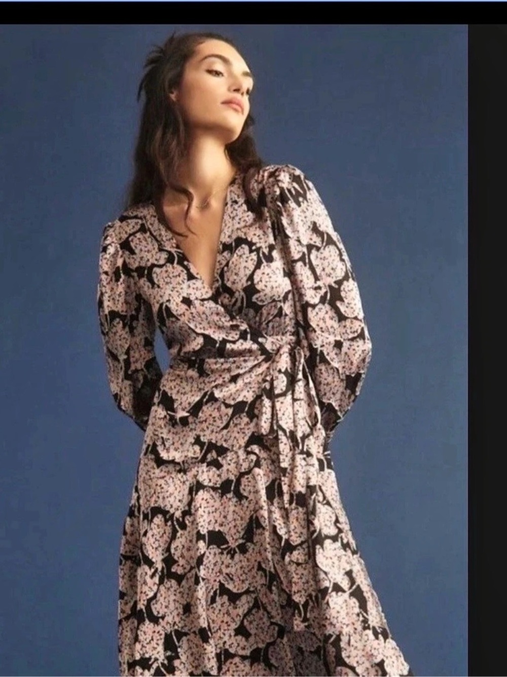 Floral Wrap Midi Dress in Pink & Black Like New-Anthropologie Cabero